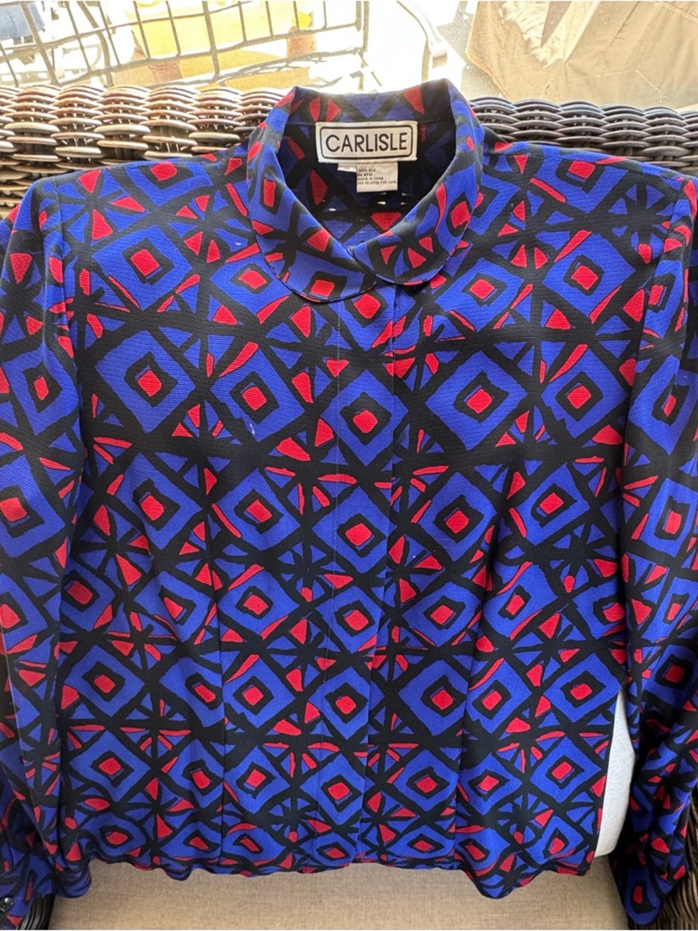Carlisle Geometric Mock-Neck Blouse in Blue and Red